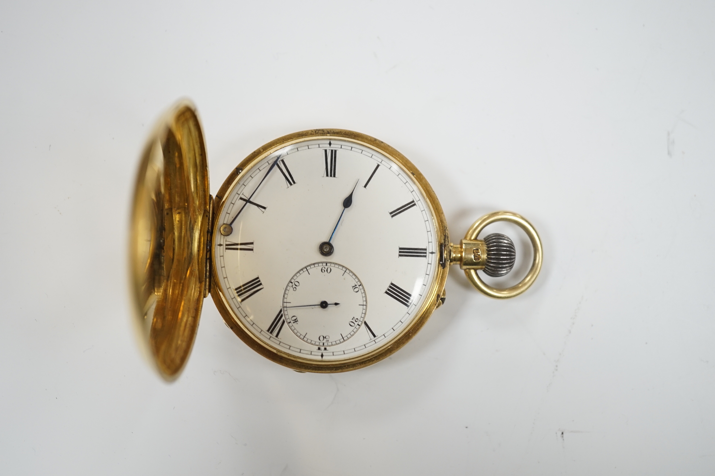 An 18ct gold keyless hunter pocket watch, with Roman dial and subsidiary seconds, the case with engraved monogram, case diameter 48mm